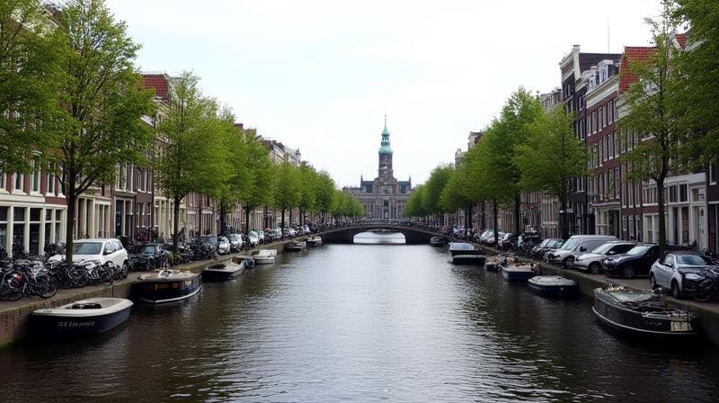 Amsterdam canals with De Taalmeester Academy in background